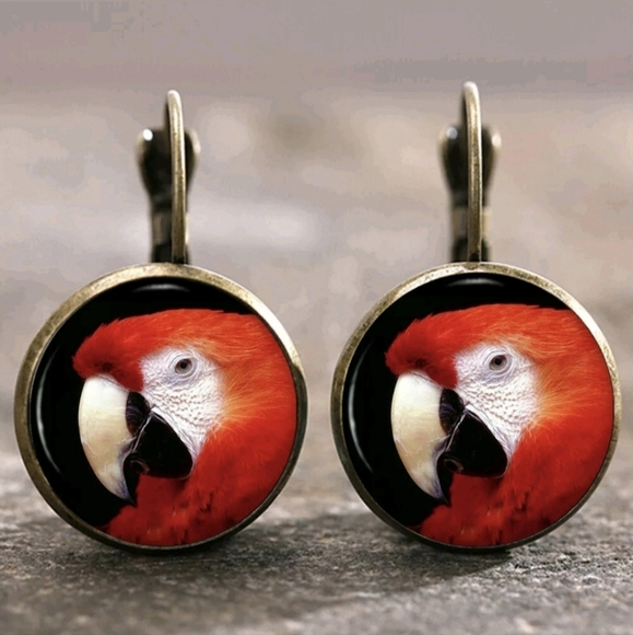 New Scarlet Macaw Glass Cabochon Bronze Lever Back Earrings. - Picture 1 of 3